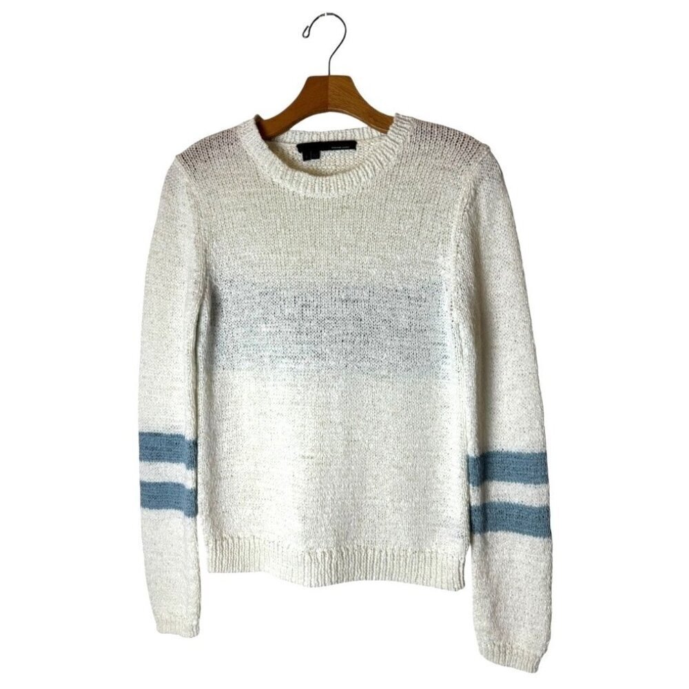 360 Sweater Women Small‎ White Blue Striped Knit Italian Yarn Crew Neck Pullover